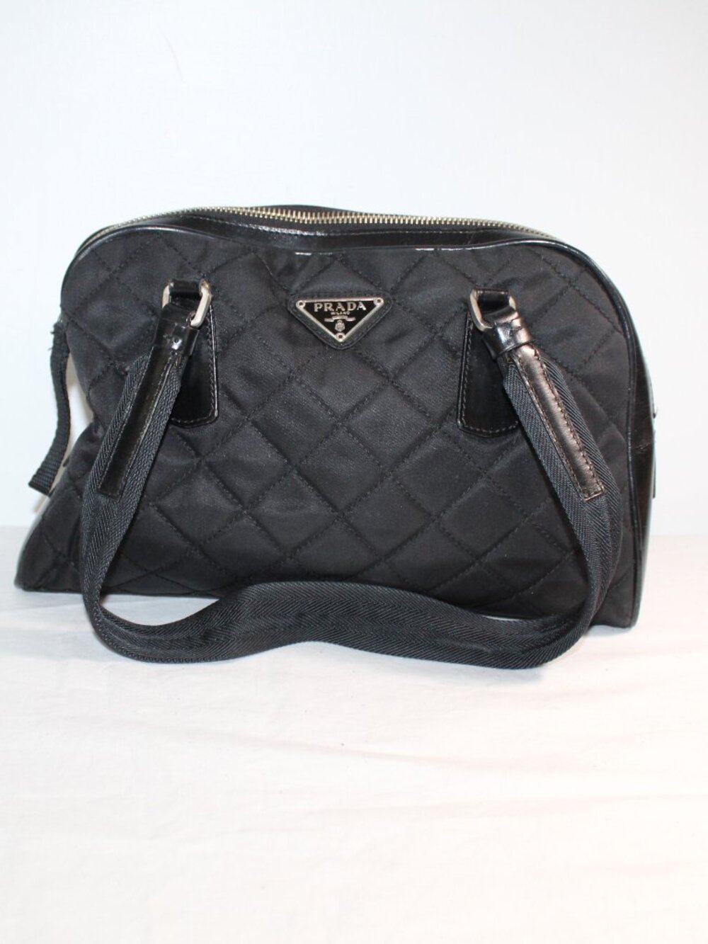 Prada Triangle Logo Tessuto Nylon Quilted Top Handle Shoulder Bag Black Vintage